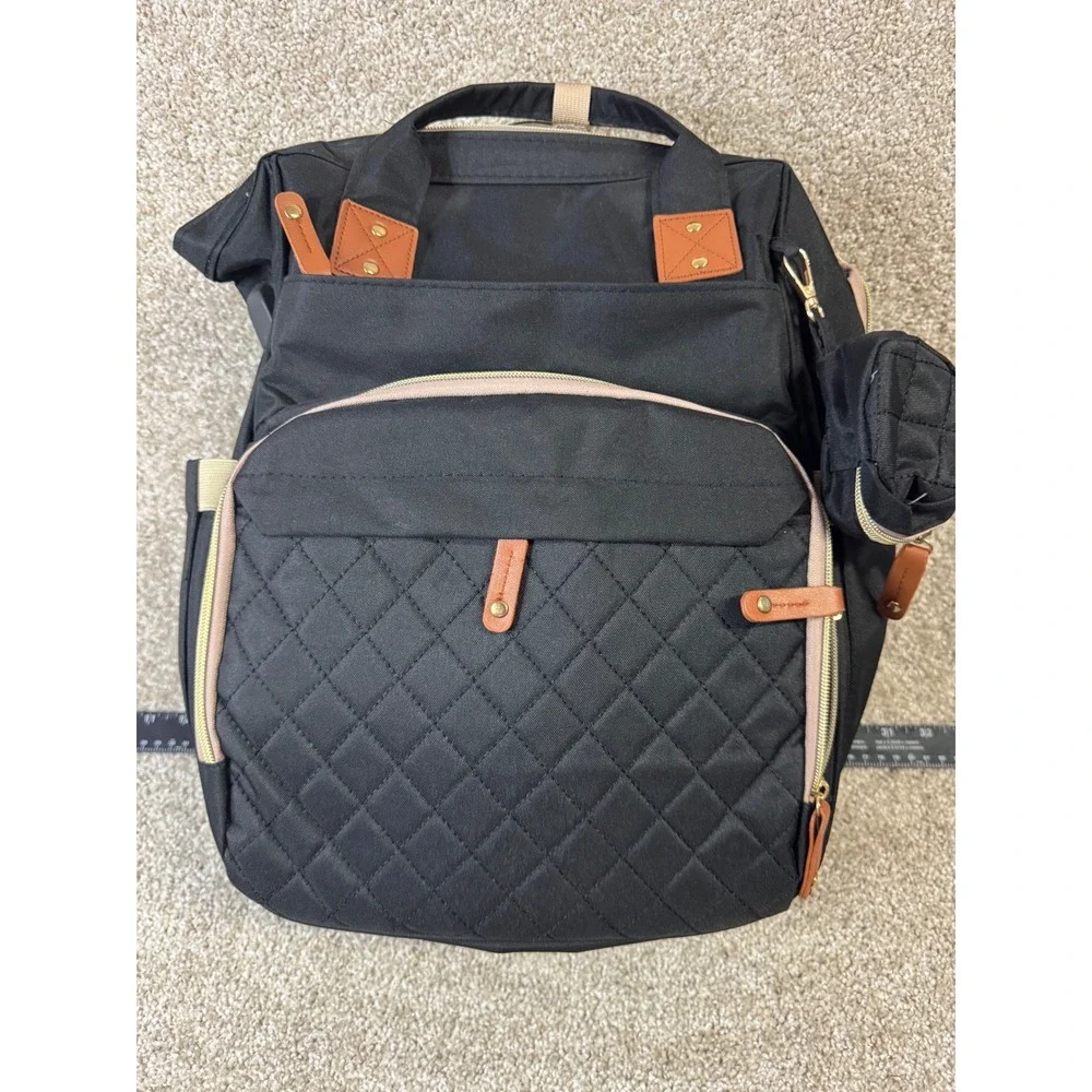 Black Quilted Diaper Bag Backpack with USB Port and Pacifier Pod
